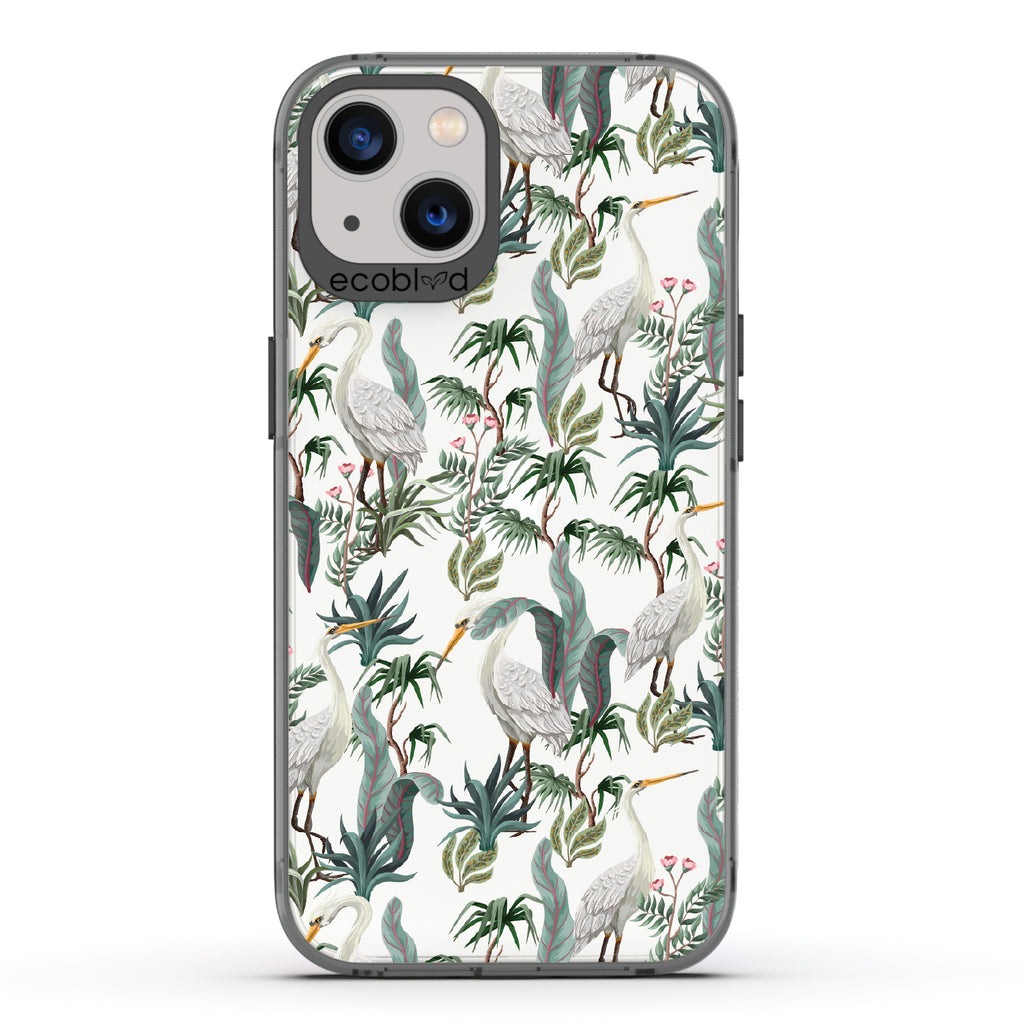 Flock Together - Black Eco-Friendly iPhone 13 Case With Herons & Peonies On A Clear Back