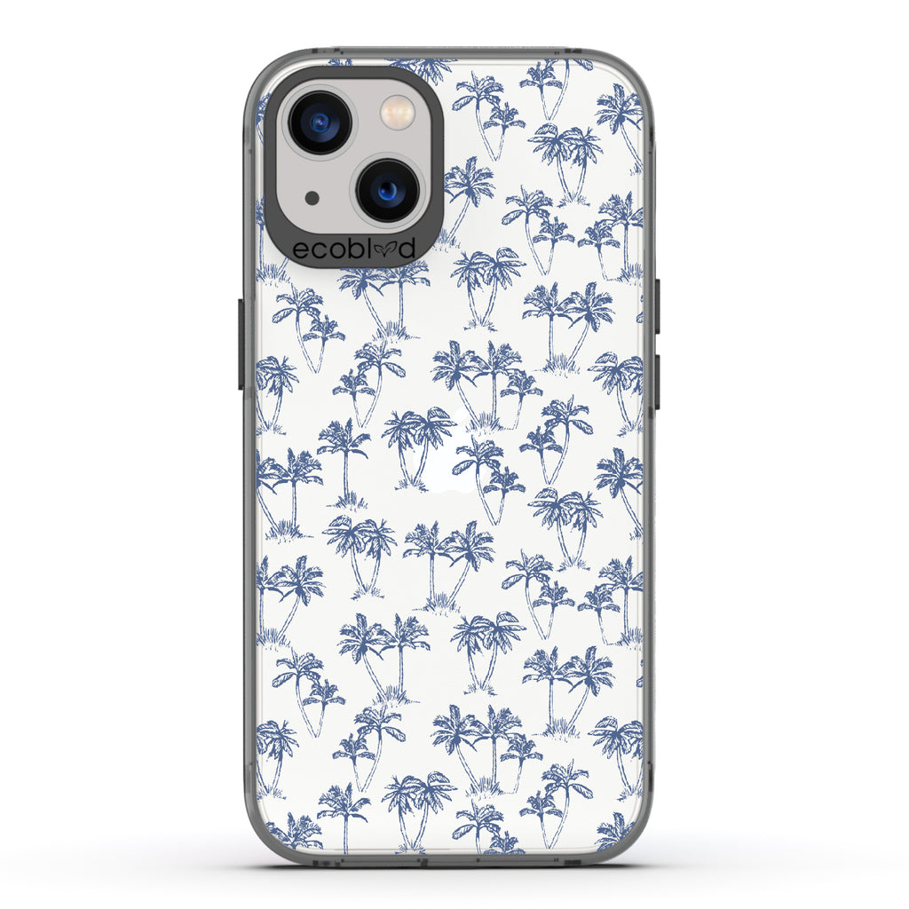 Endless Summer - Black Eco-Friendly iPhone 13 Case With 50's-Style Blue Palm Trees Print On A Clear Back