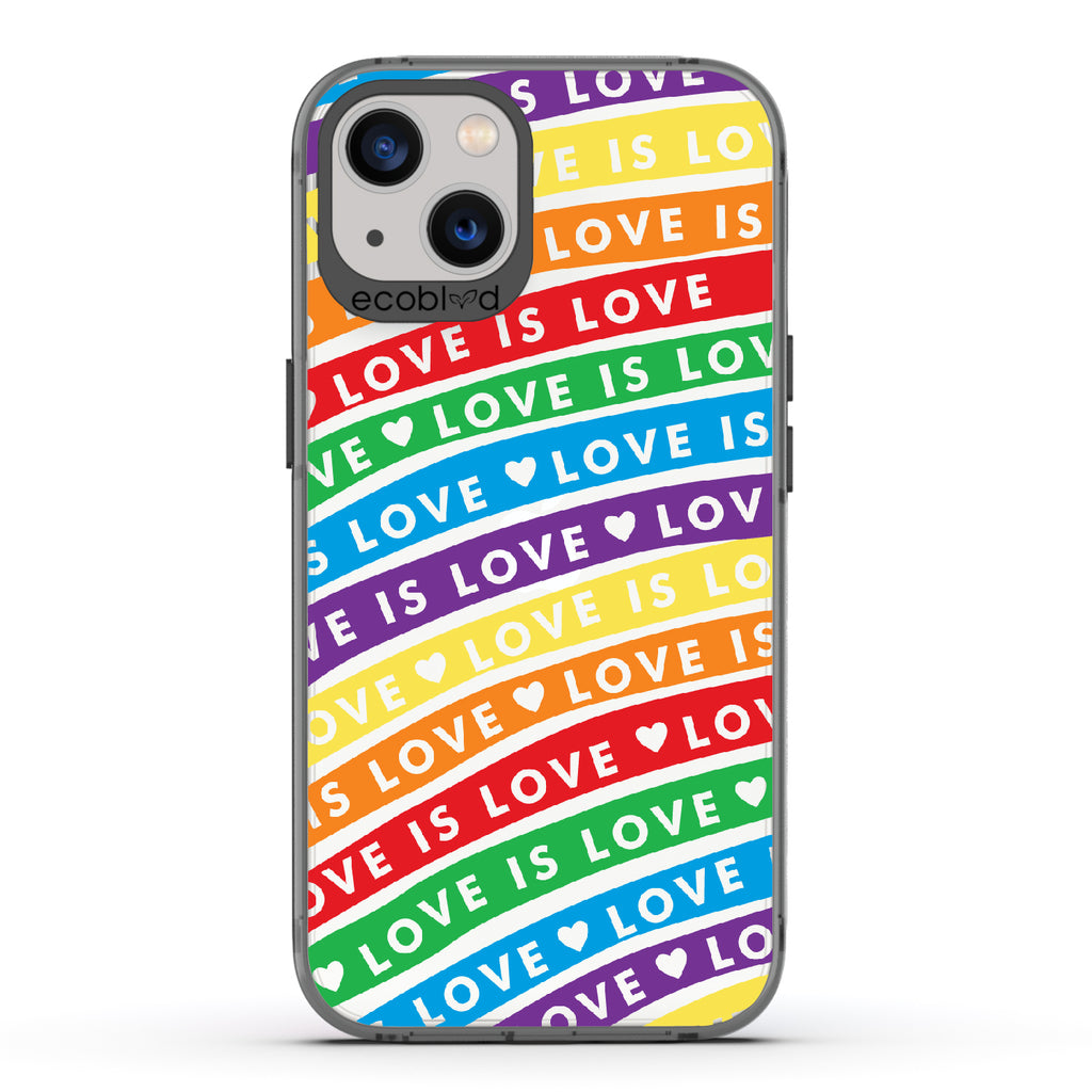 Love Unites All - Black Eco-Friendly iPhone 13 Case With Love Is Love On Colored Lines Forming Rainbow On A Clear Back