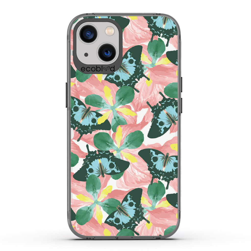  Fluttering Bouquet - Black  Eco-Friendly iPhone 13 Case With Blue & Green Butterflies, Pink Florals On A Clear Back