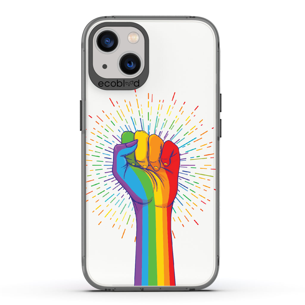 Rise With Pride - Black Eco-Friendly iPhone 13 Case With Raised Fist In Rainbow Colors On A Clear Back