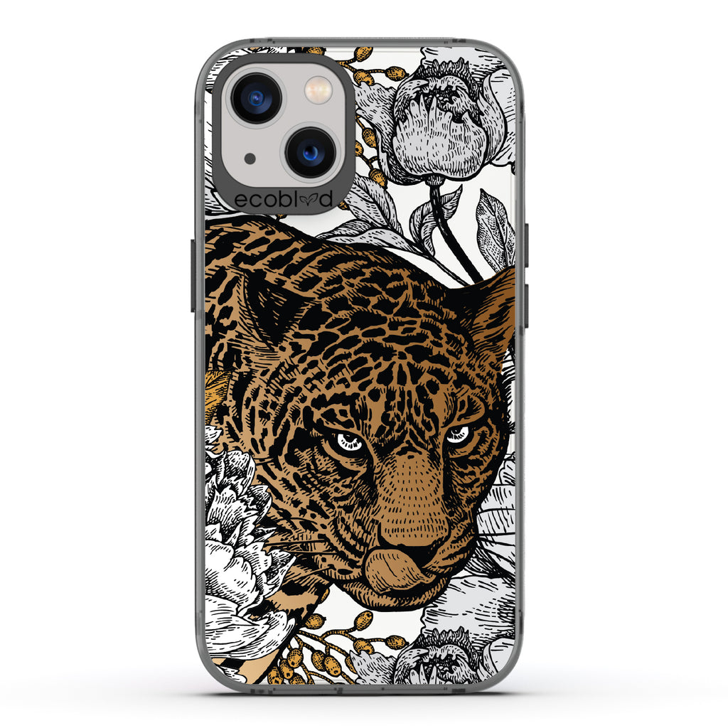 Purrfectly Striking - Black Eco-Friendly iPhone 13 Case With Leopard, Black/Grey Flowers On A Clear Back