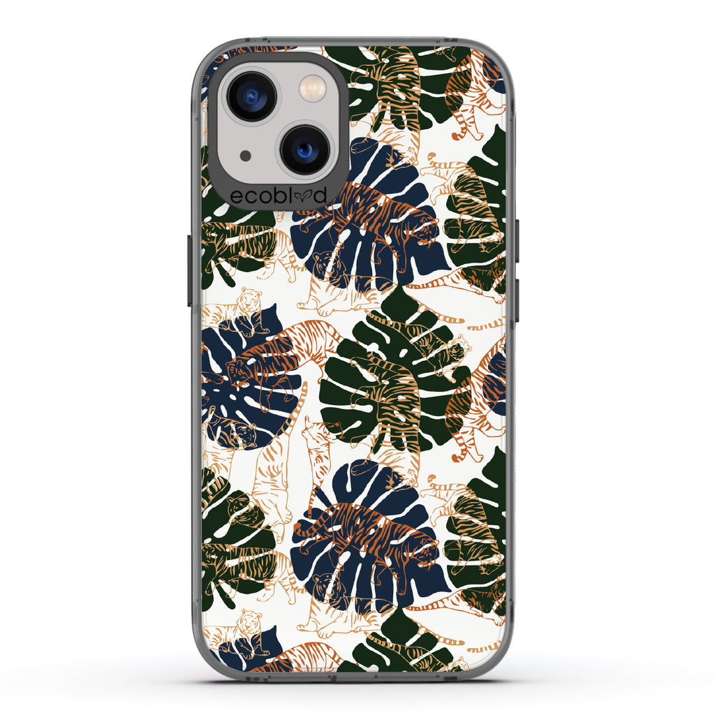 Tropic Roar - Black Eco-Friendly iPhone 13 Case With Jungle Leaves & Orange / Yellow Tiger Outlines On A Clear Back