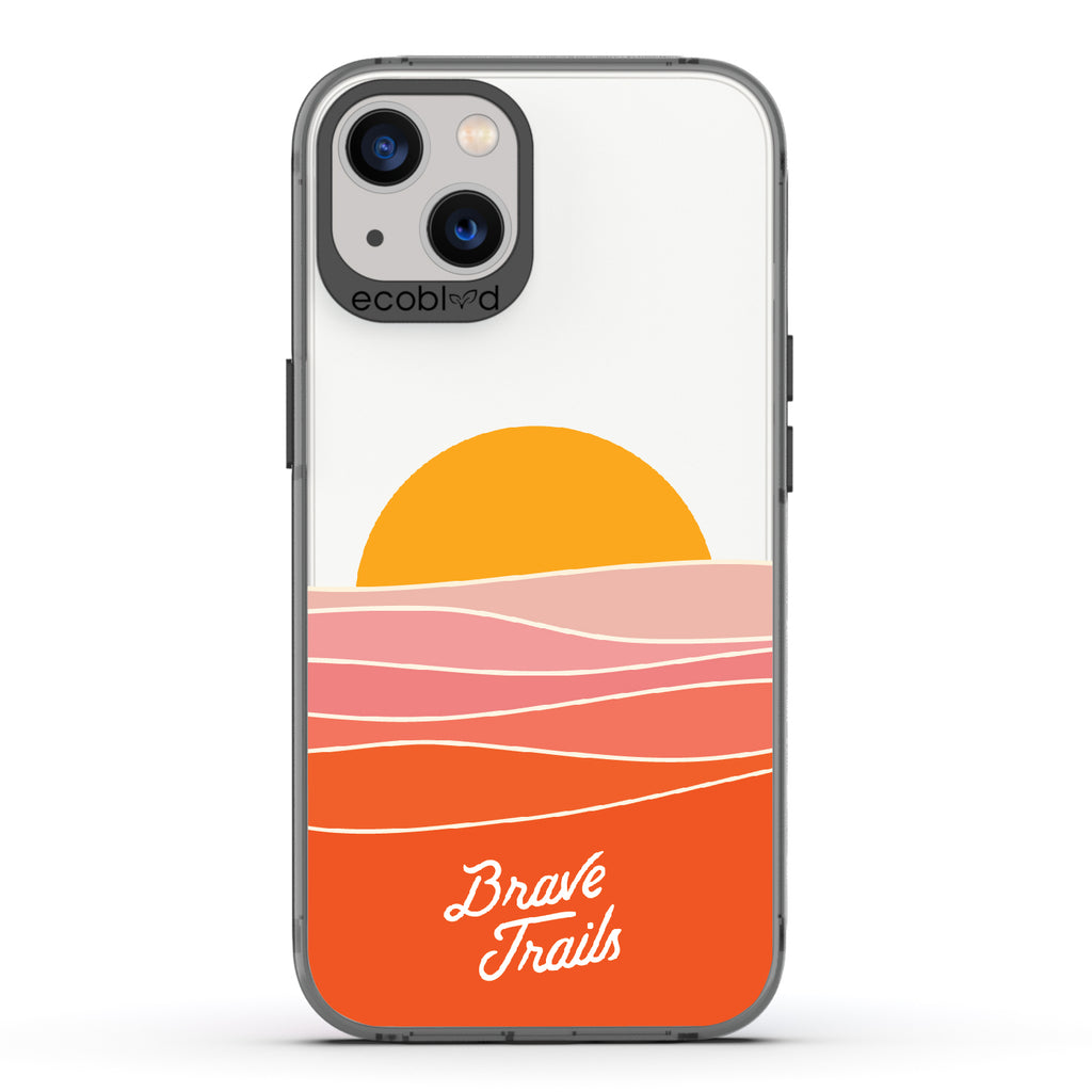 Enlightened X Brave Trails - Black Eco-Friendly iPhone 13 Case with Sun Rising Over Minimalist Hillside On Clear Back