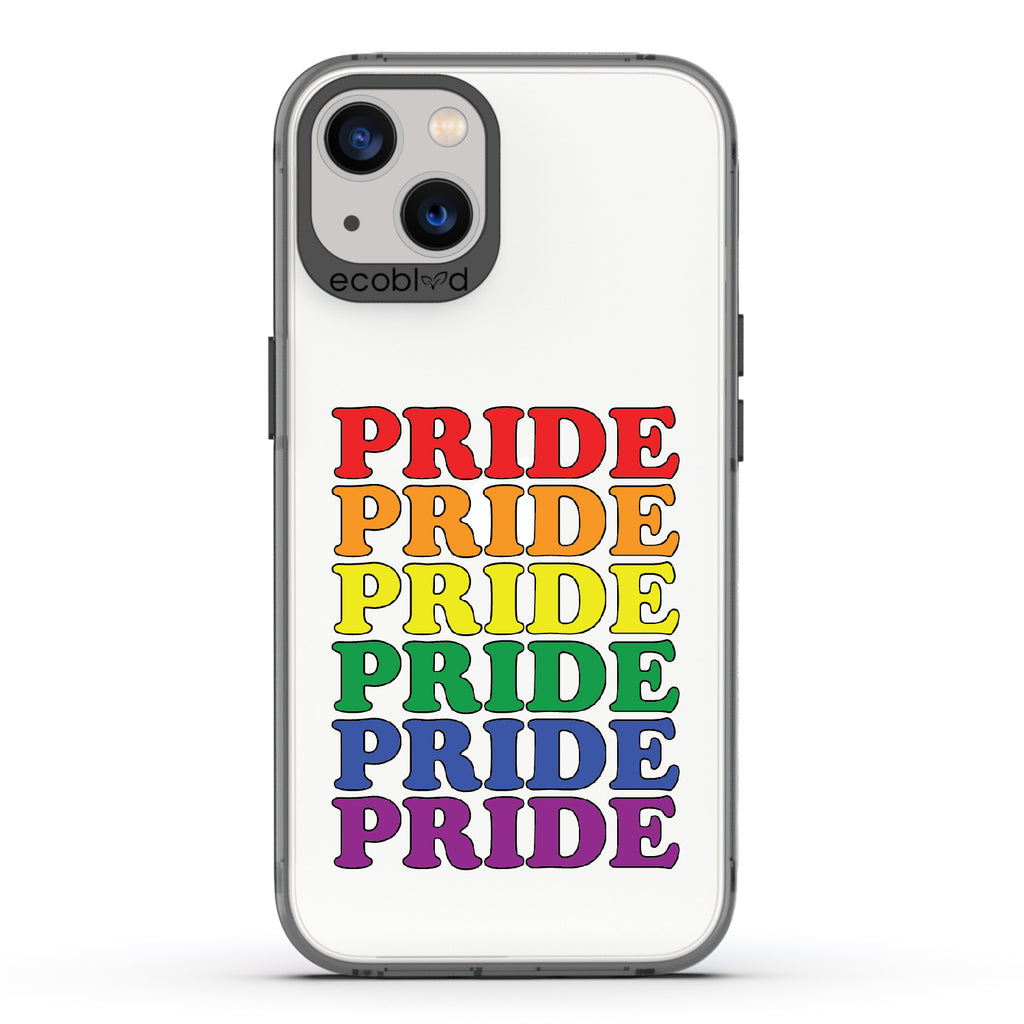 Pride Camp - Black Eco-Friendly iPhone 13 Case With Pride Stacked In Multiple Rainbow Colors On A Clear Back