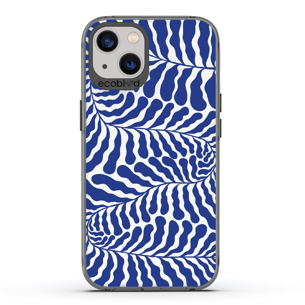 Blue Lagoon - Black Eco-Friendly iPhone 13 Case With Abstract Tropical Blue Seaweed On A Clear Back
