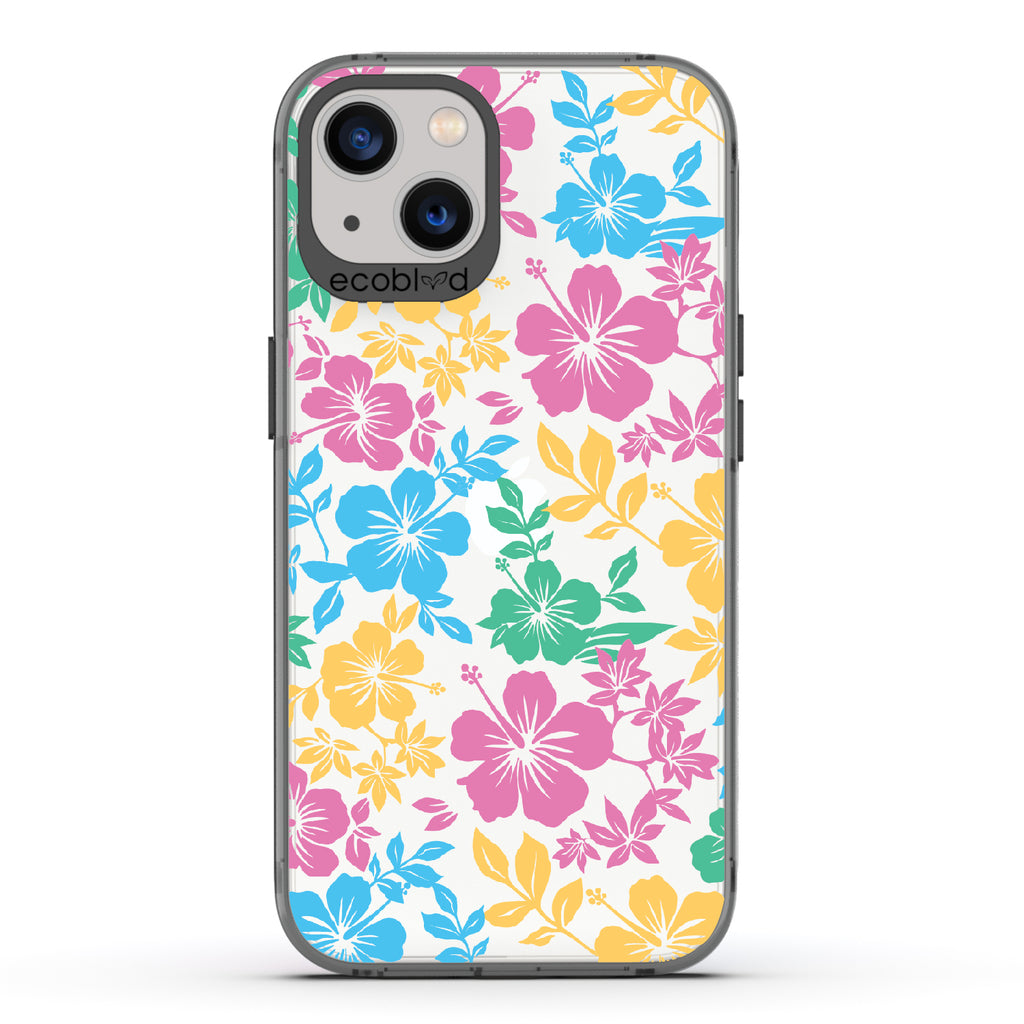 Lei'd Back - Black Eco-Friendly iPhone 13 Case With Colorful Hawaiian Hibiscus Floral Print On A Clear Back