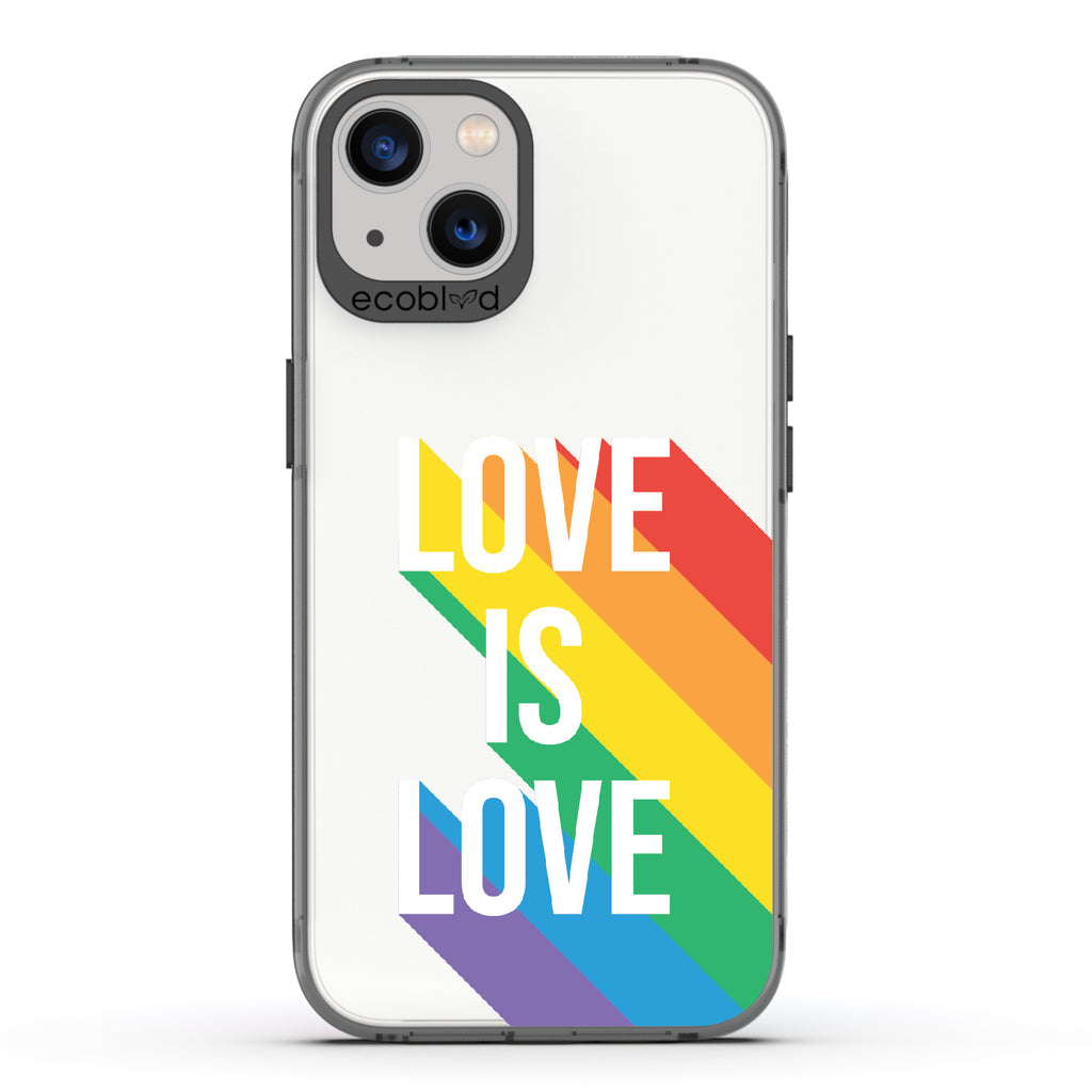 Spectrum Of Love - Black Eco-Friendly iPhone 13 Case With Love Is Love + Rainbow Gradient Shadow On A Clear Back