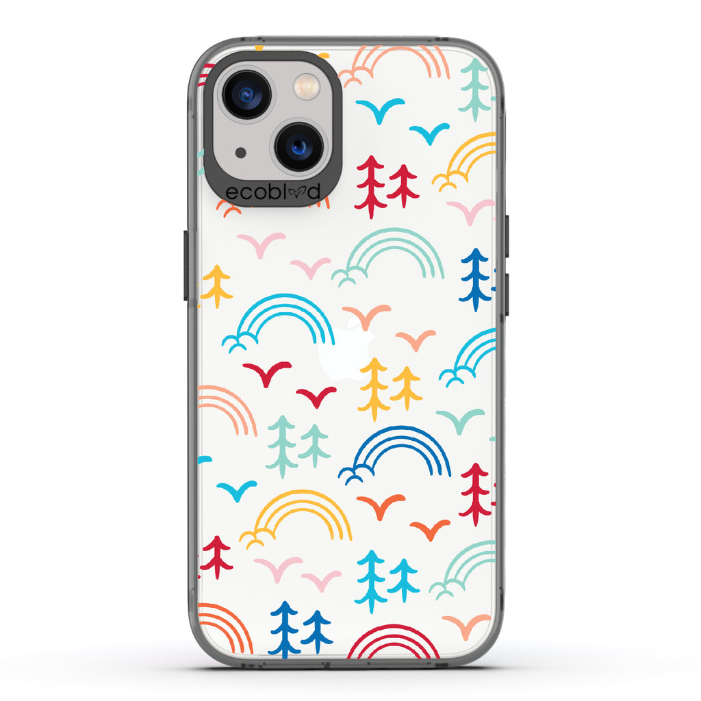 Happy Camper X Brave Trails - Black Eco-Friendly iPhone 13 Case with Minimalist Trees, Birds, Rainbows On A Clear Back