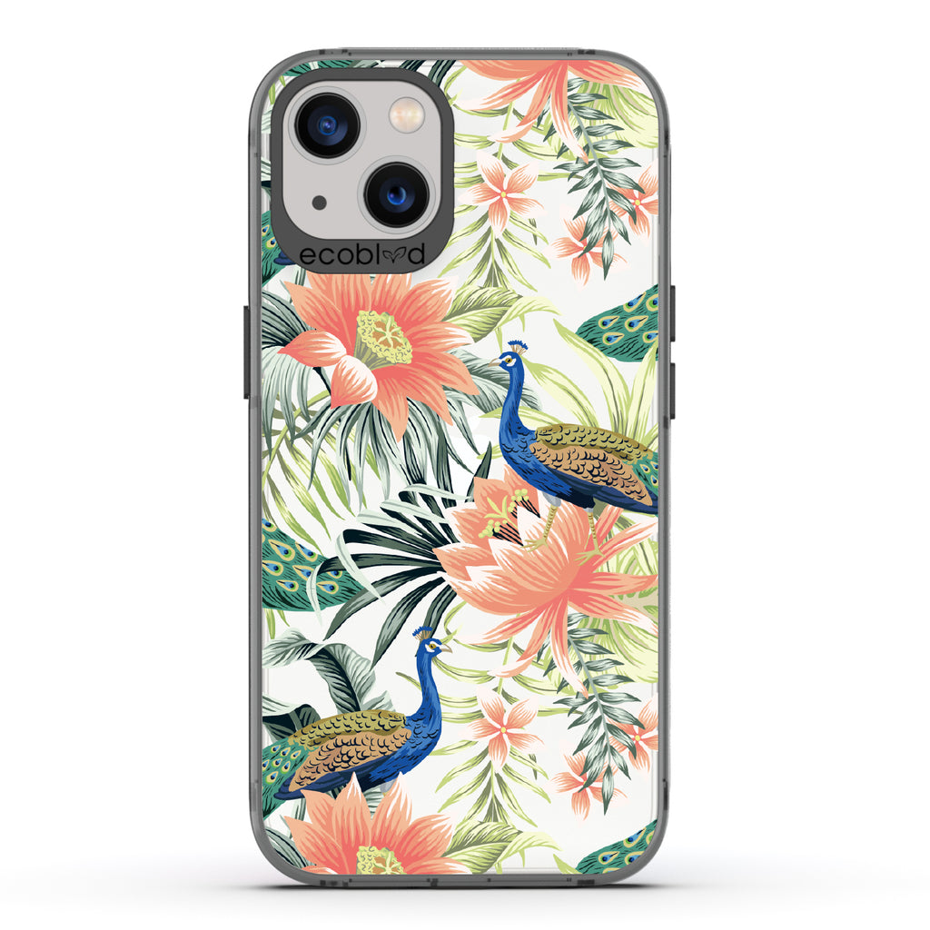 Peacock Palace - Black Eco-Friendly iPhone 13 Case With Peacocks + Colorful Tropical Fauna On A Clear Back