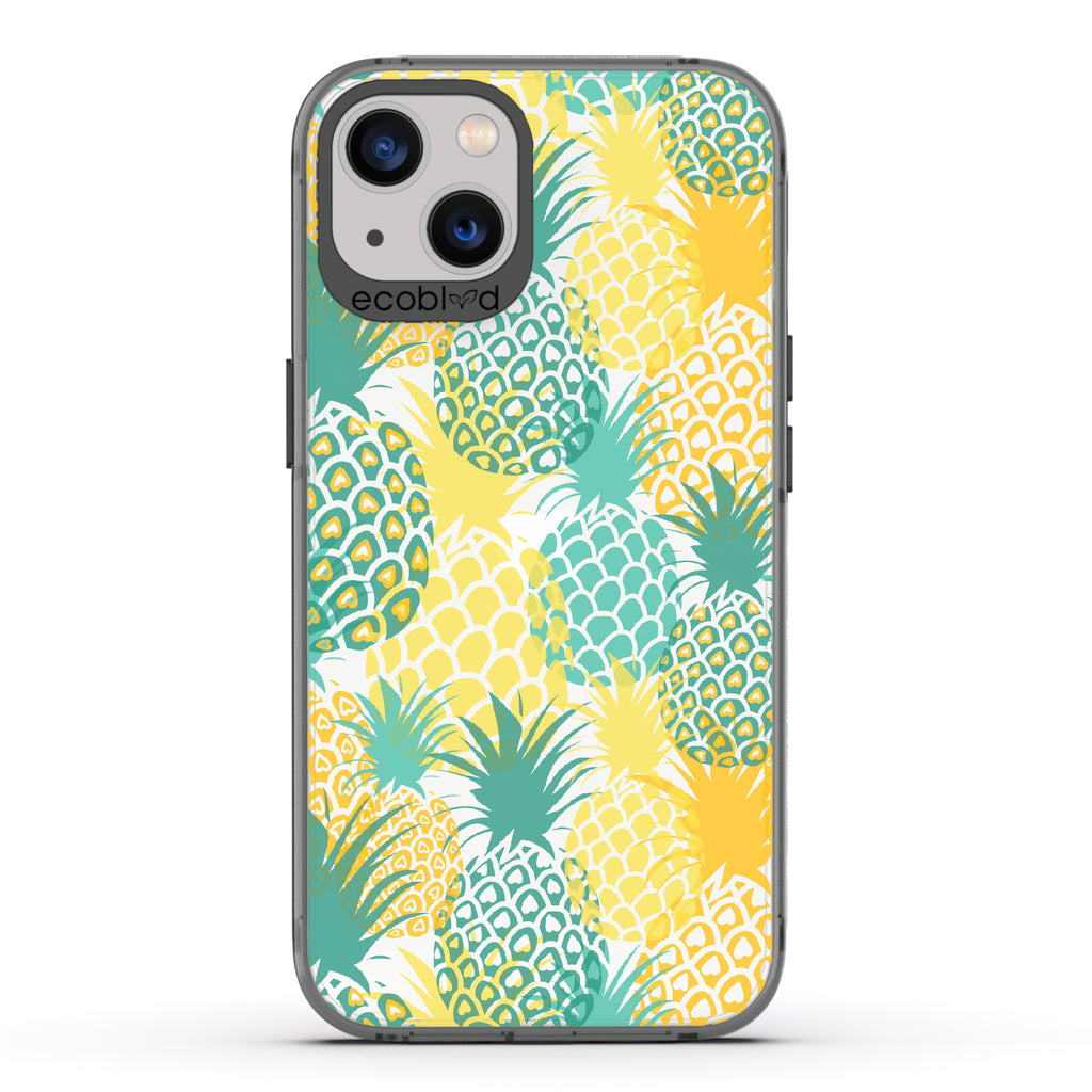 Pineapple Breeze - Black Eco-Friendly iPhone 13 Case With Tropical Colored Pineapples On A Clear Back