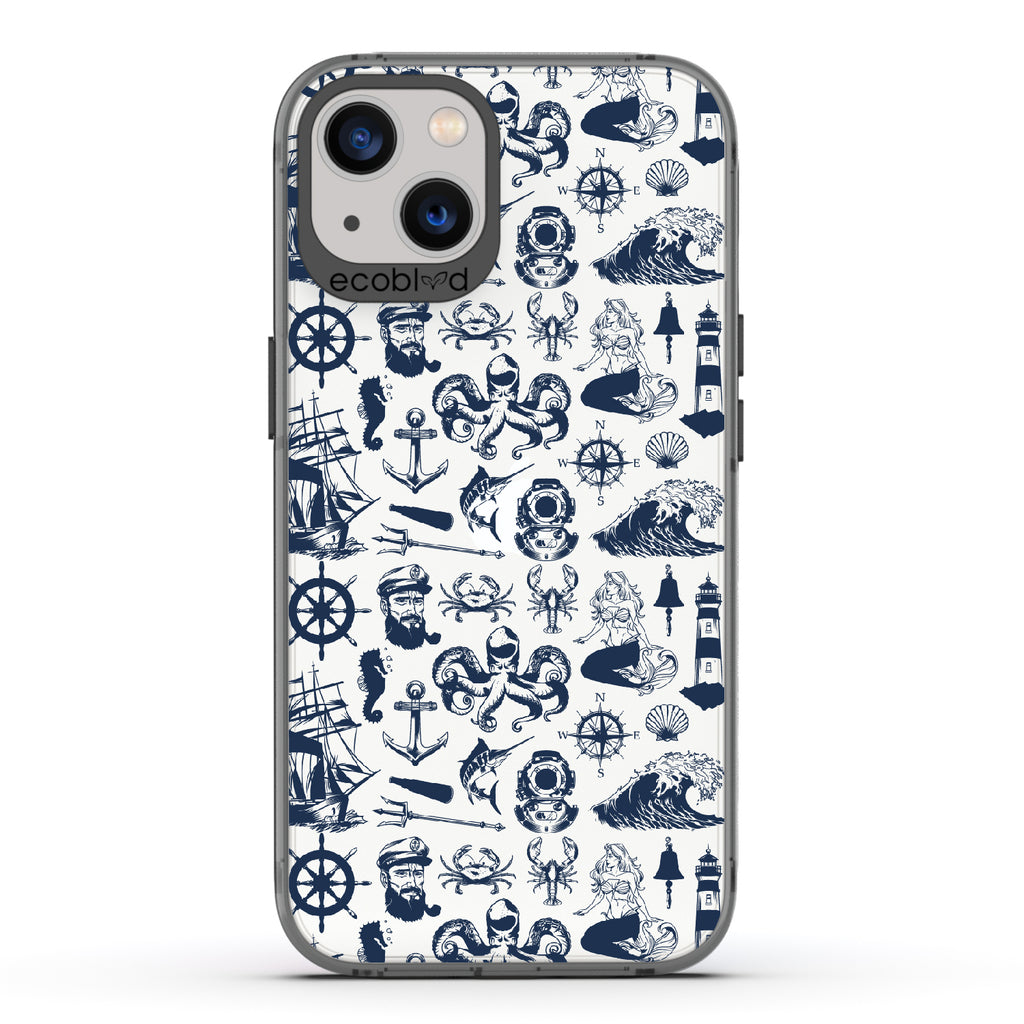 Nautical Tales - Black Eco-Friendly iPhone 13 Case With Sailors, Ships, Waves, Anchors & More On A Clear Back