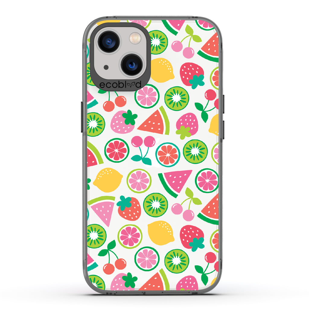 Juicy Fruit - Black Eco-Friendly iPhone 13 Case With Various Colorful Summer Fruits On A Clear Back