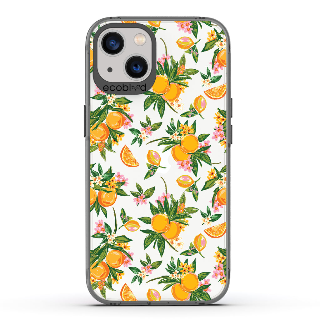 Orange Bliss - Black Eco-Friendly iPhone 13 Case With Oranges, Orange Slices and Leaves On A Clear Back