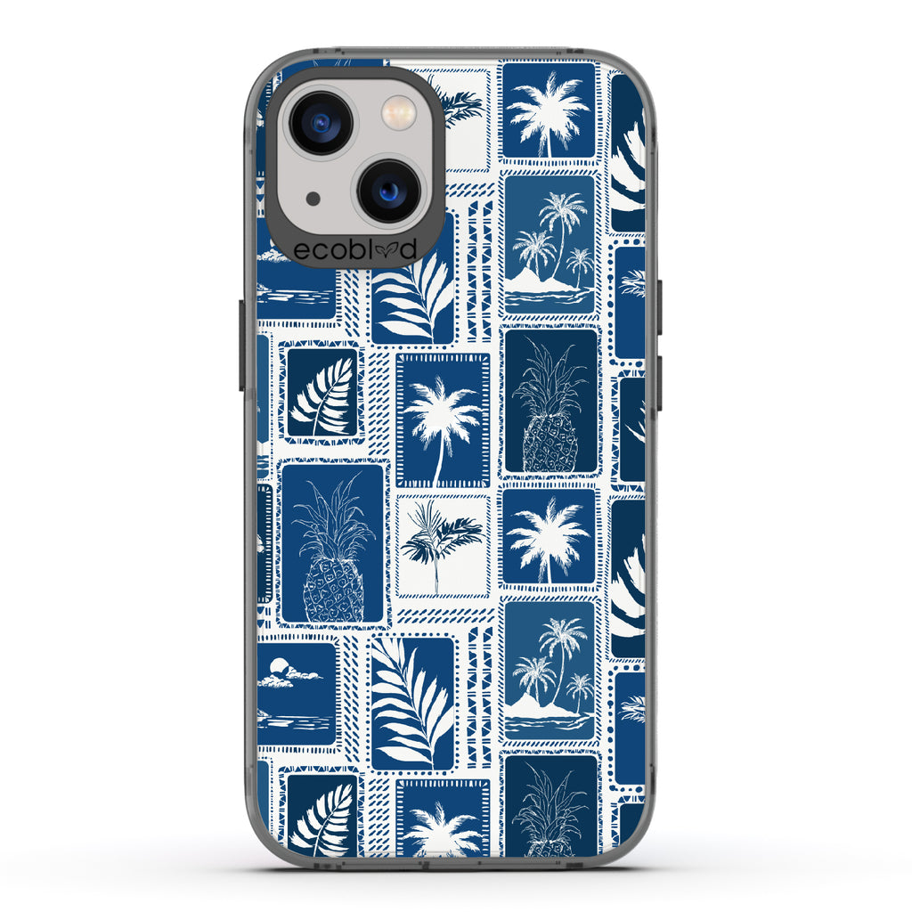 Oasis - Black Eco-Friendly iPhone 13 Case With Tropical Shirt Palm Trees & Pineapple Print On A Clear Back