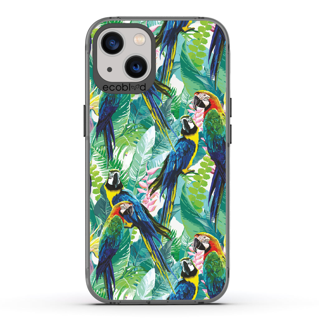 Macaw Medley - Black Eco-Friendly iPhone 13 Case With Macaws & Tropical Leaves On A Clear Back