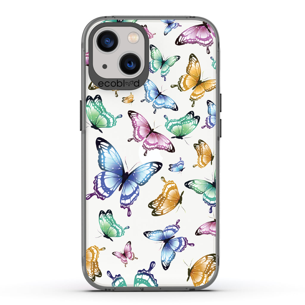 Social Butterfly - Black Eco-Friendly iPhone 13 Case With Colorful Butterflies On A Clear Back - Compostable