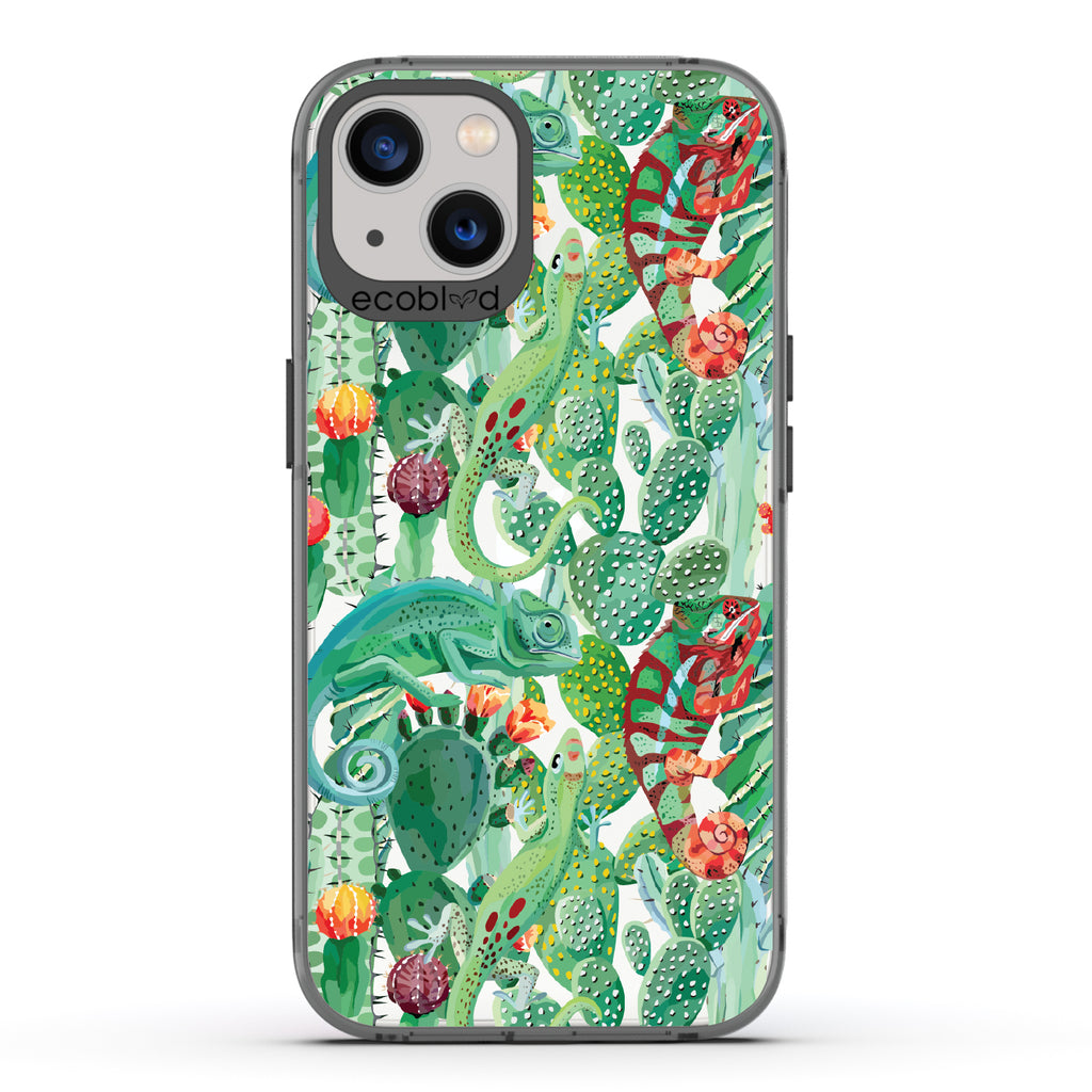 In Plain Sight - Black Eco-Friendly iPhone 13 Case With Chameleons On Cacti On A Clear Back