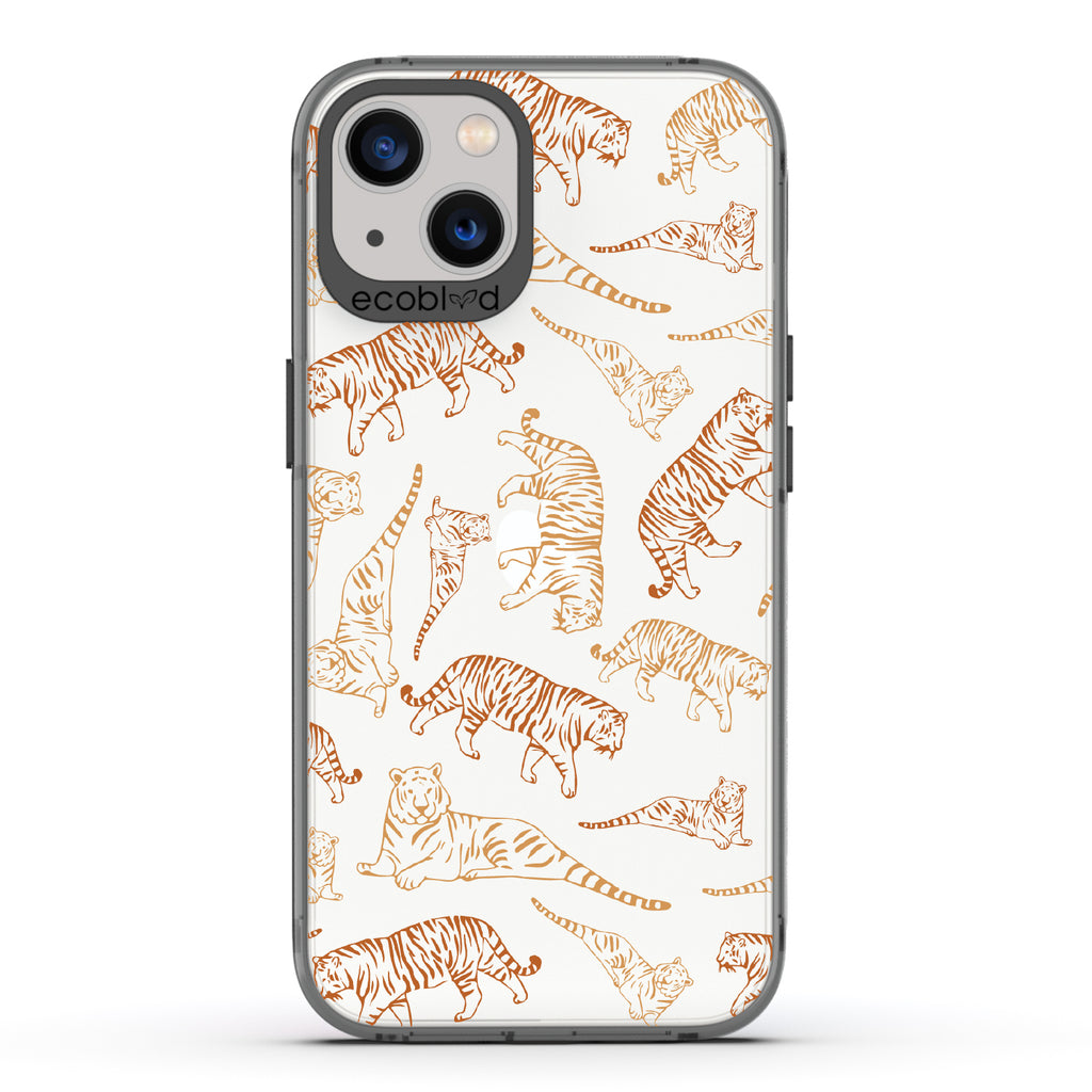 Tiger Pride - Black Eco-Friendly iPhone 13 Case With Orange / Yellow Tiger Outlines On A Clear Back