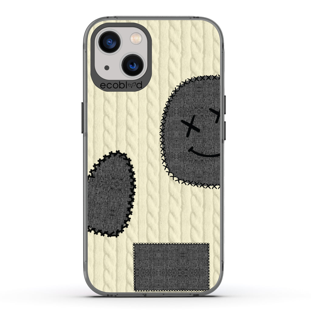 All Patched Up - Cable Knit With Patches of Heart + Happy Face - Eco-Friendly Clear iPhone 13 Case With Black Rim
