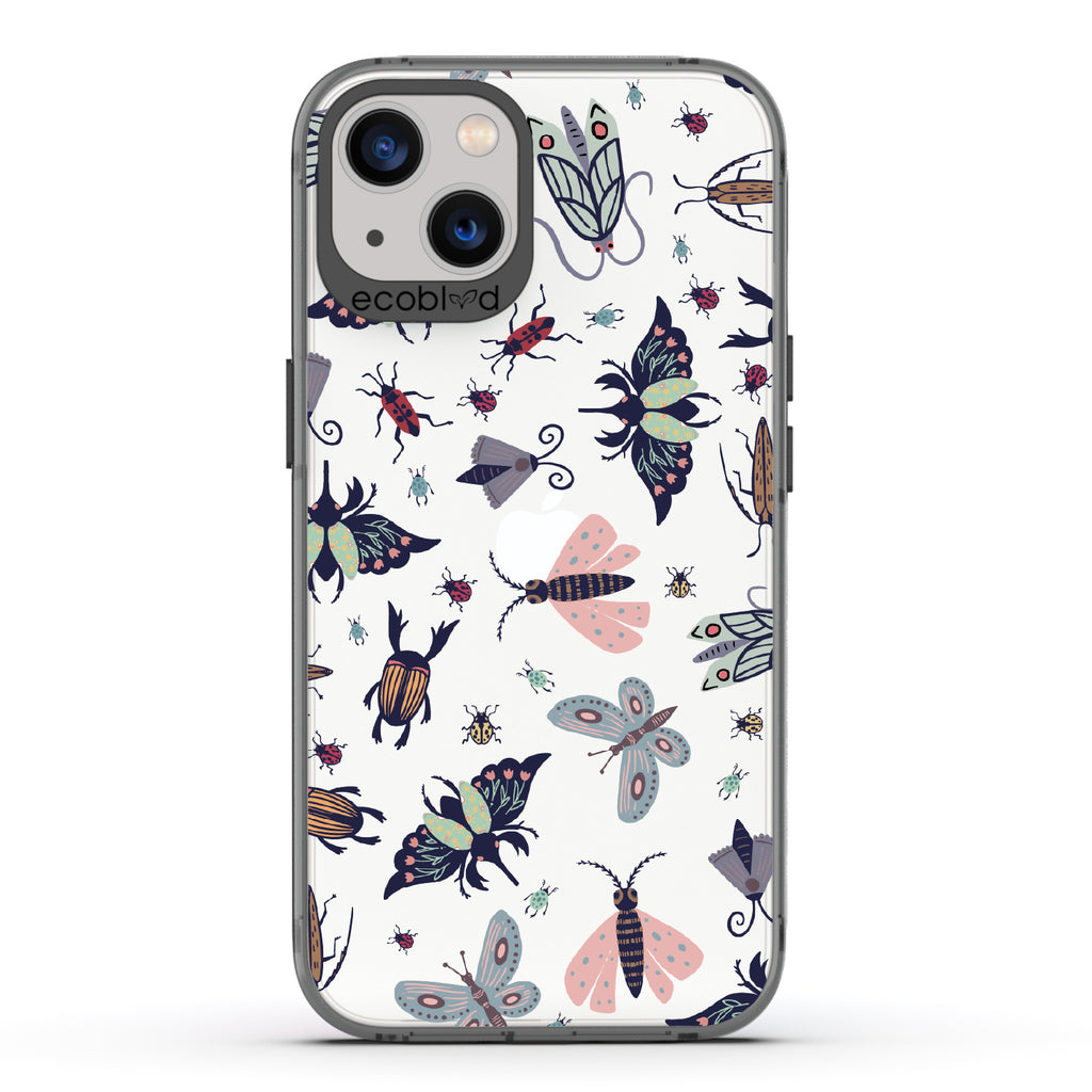 Bug Out - Black Eco-Friendly iPhone 13 Case With Butterflies, Moths, Dragonflies, And Beetles On A Clear Back