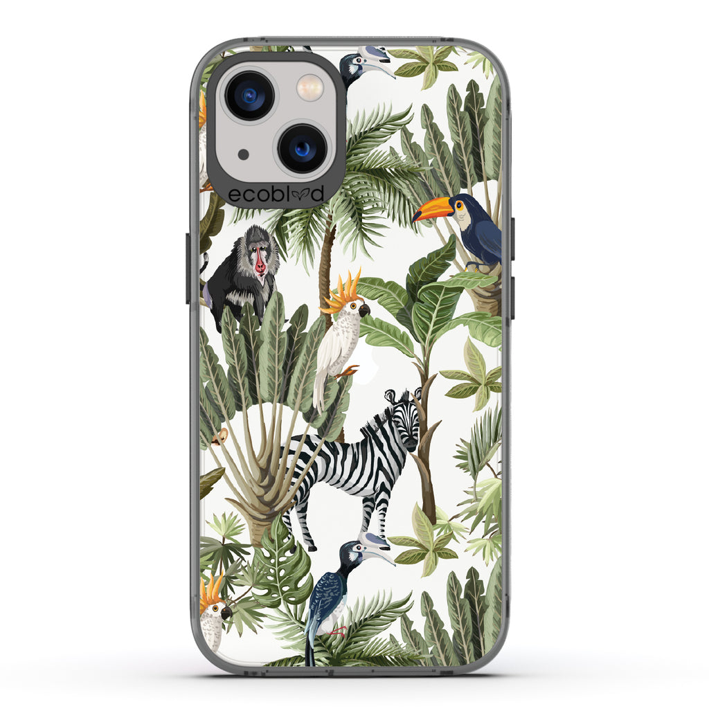 Toucan Play That Game - Black Eco-Friendly iPhone 13 Case With Jungle Fauna, Toucan, Zebra & More On A Clear Back