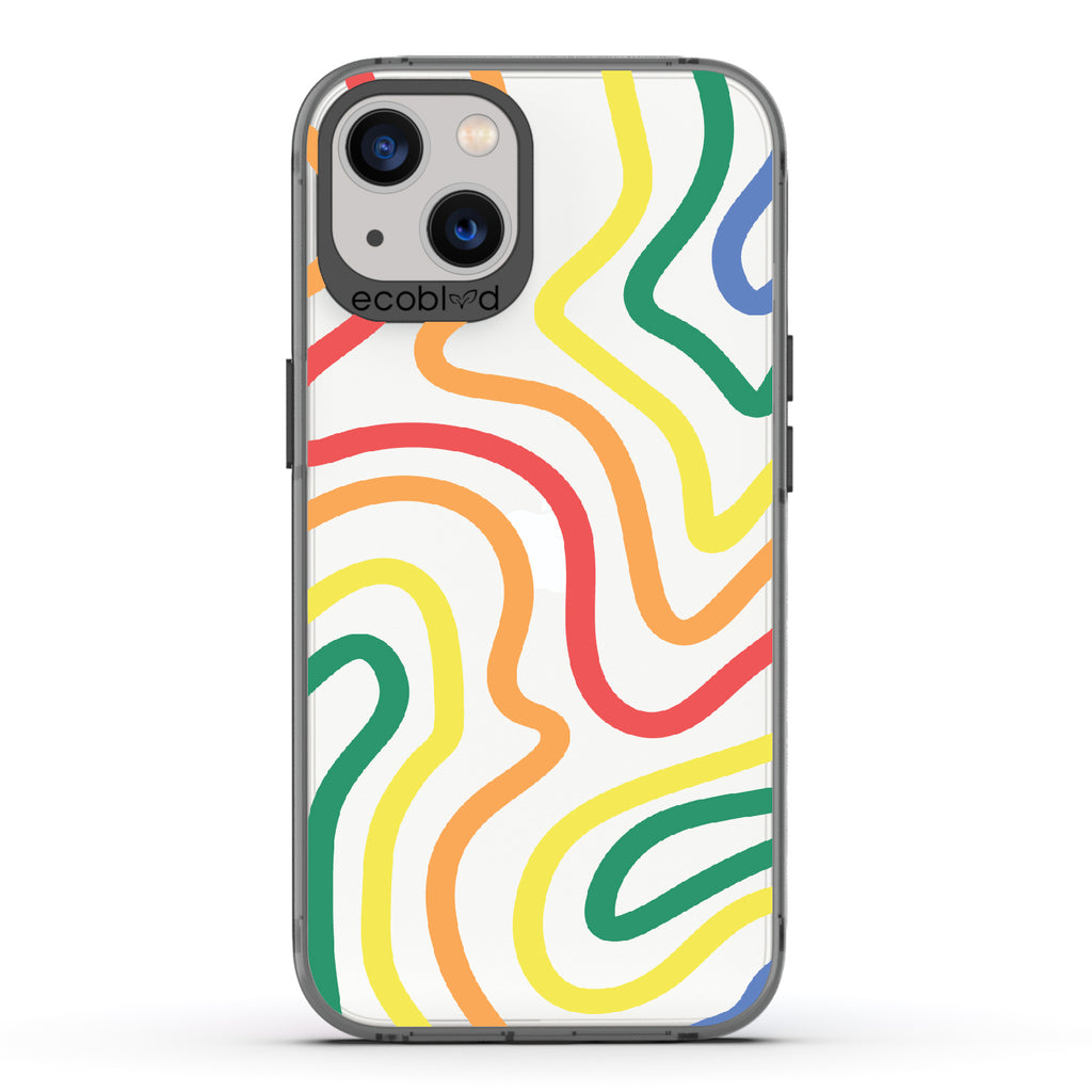  True Colors - Black Eco-Friendly iPhone 13 Case With Abstract Lines In Different Colors Of The Rainbow On A Clear Back