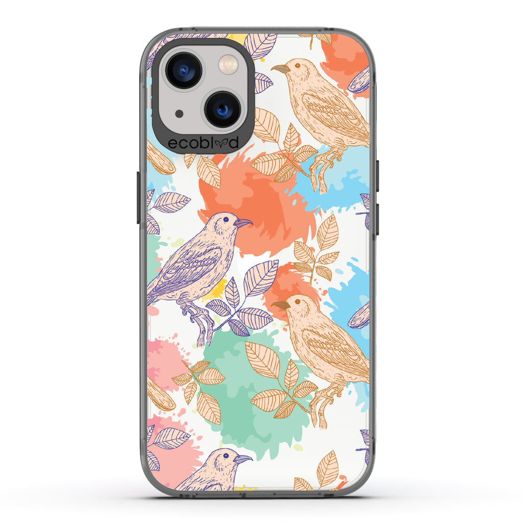 Perch Perfect - Black Eco-Friendly iPhone 13 Case With Birds On Branches & Splashes Of Color On A Clear Back