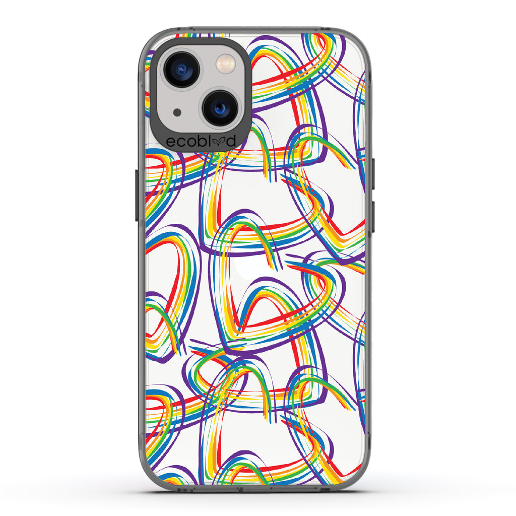One Love - Black Eco-Friendly iPhone 13 Case With Brush Stroke Rainbow Hearts On A Clear Back
