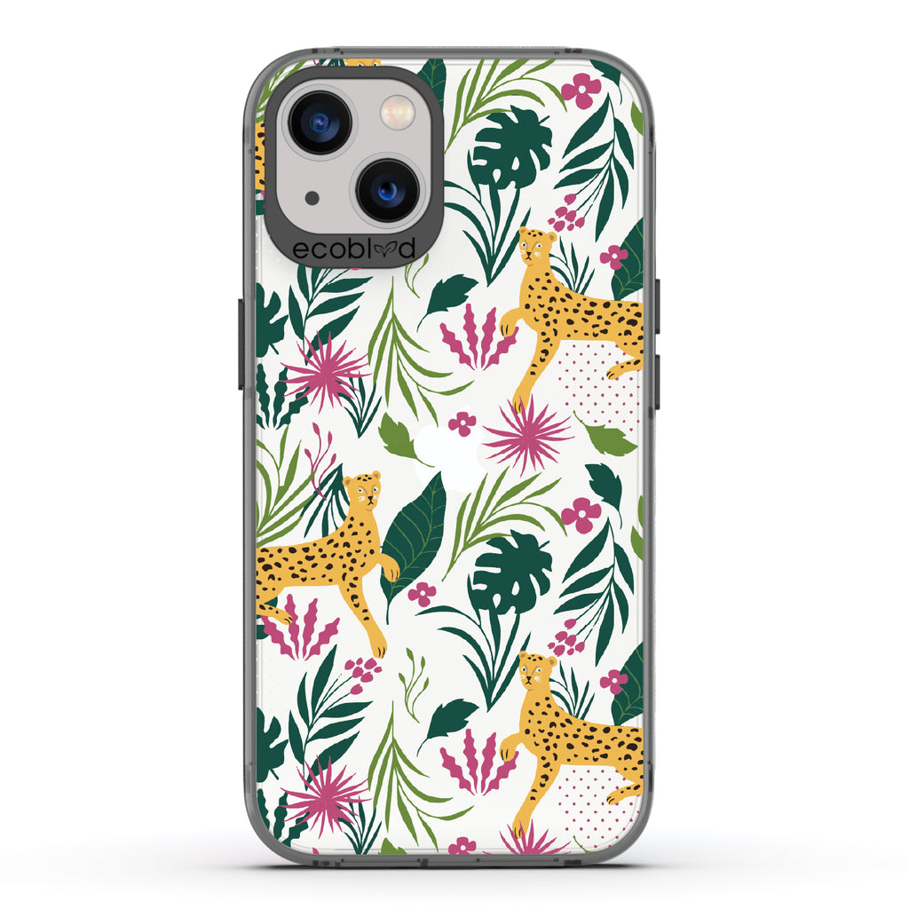 Jungle Boogie - Black Eco-Friendly iPhone 13 Case With Cheetahs Among Lush Colorful Jungle Foliage On A Clear Back