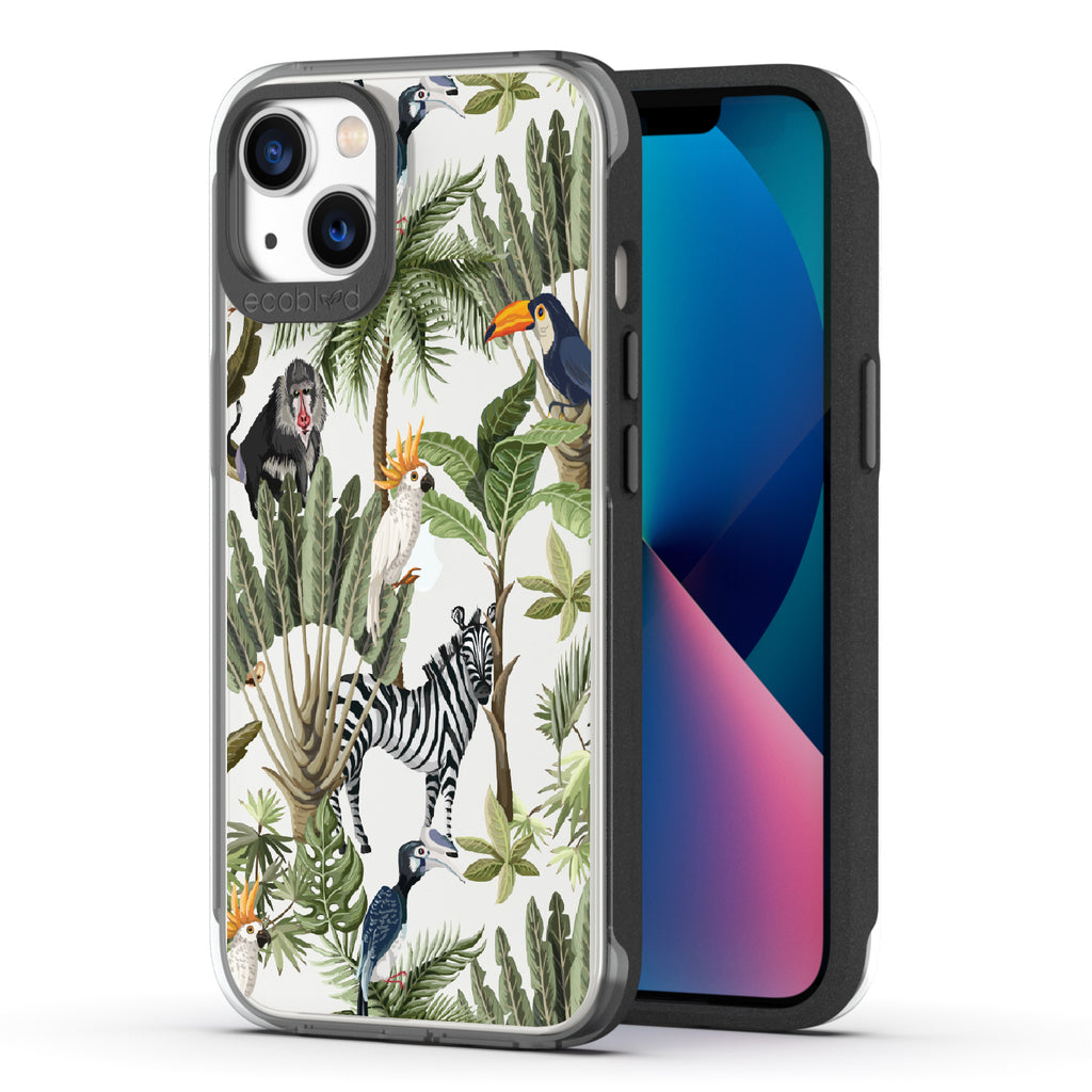 Toucan Play That Game - Back View Of Black & Clear Eco-Friendly iPhone 13 Case & A Front View Of The Screen