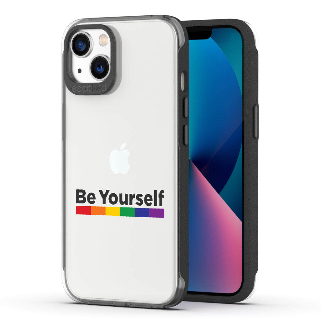 Be Yourself - Back View Of Black & Clear Eco-Friendly iPhone 13 Case & A Front View Of The Screen