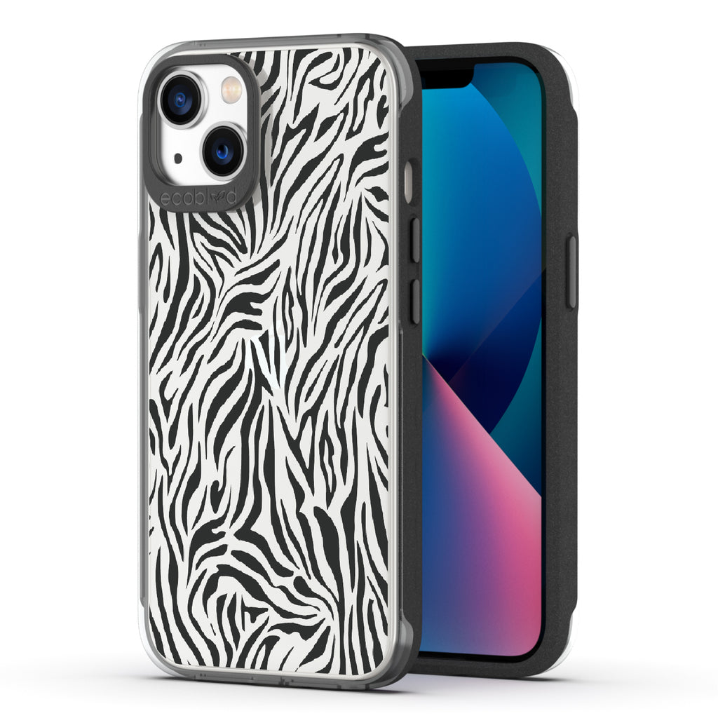 Zebra Print - Back View Of Black & Clear Eco-Friendly iPhone 13 Case & A Front View Of The Screen