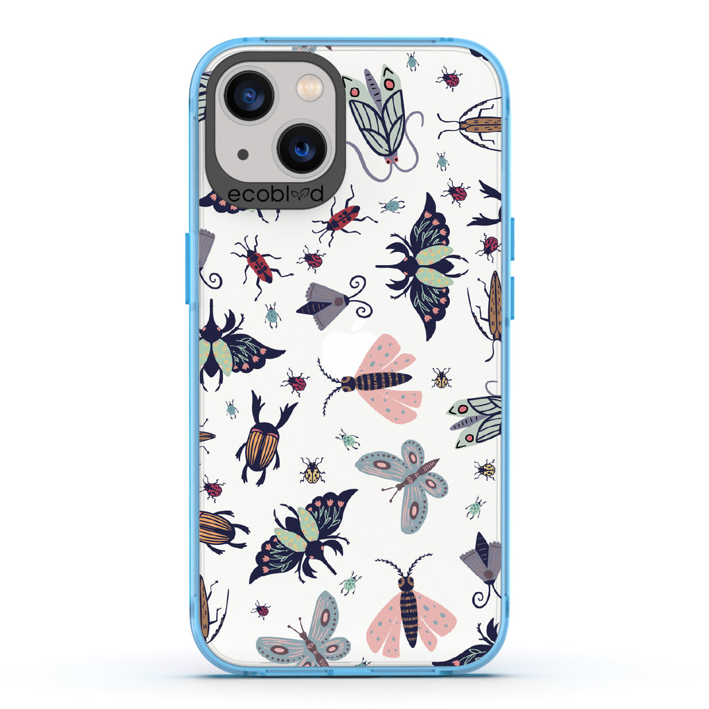 Bug Out - Blue Eco-Friendly iPhone 13 Case With Butterflies, Moths, Dragonflies, And Beetles On A Clear Back