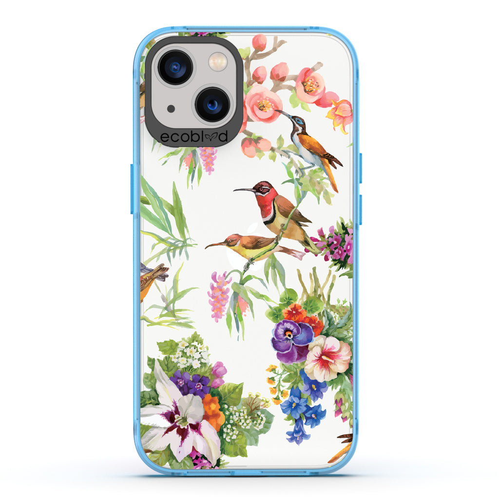 Sweet Nectar - Blue Eco-Friendly iPhone 13 Case With Humming Birds, Colorful Garden Flowers On A Clear Back