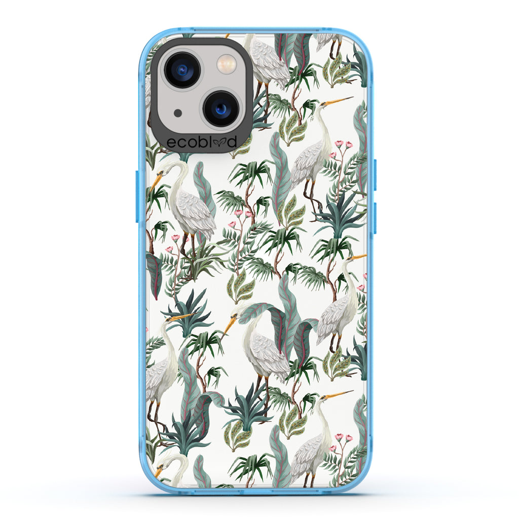 Flock Together - Blue Eco-Friendly iPhone 13 Case With Herons & Peonies On A Clear Back