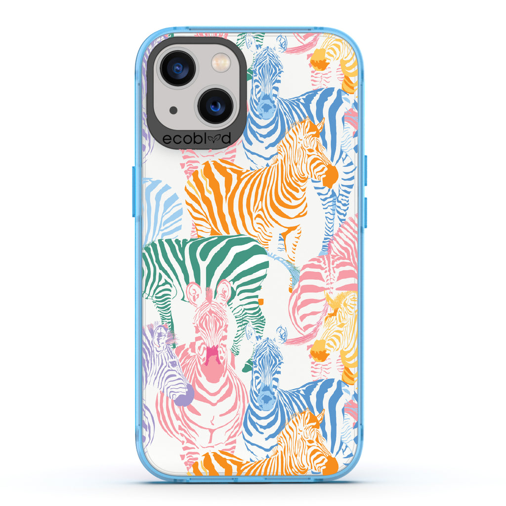 Colorful Herd - Blue Eco-Friendly iPhone 13 Case With Zebras in Multiple Colors On A Clear Back