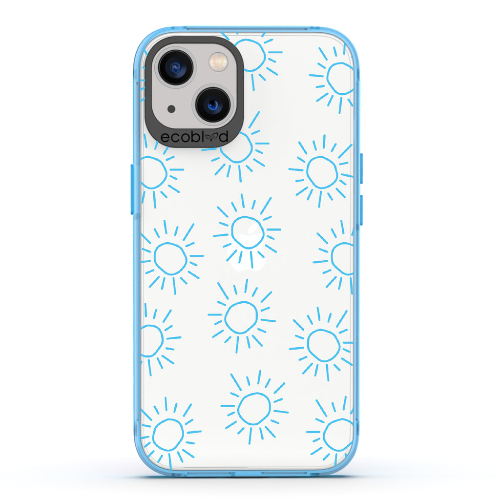 Sun - Blue Eco-Friendly iPhone 13 Case With Various Scribbled Suns On A Clear Back