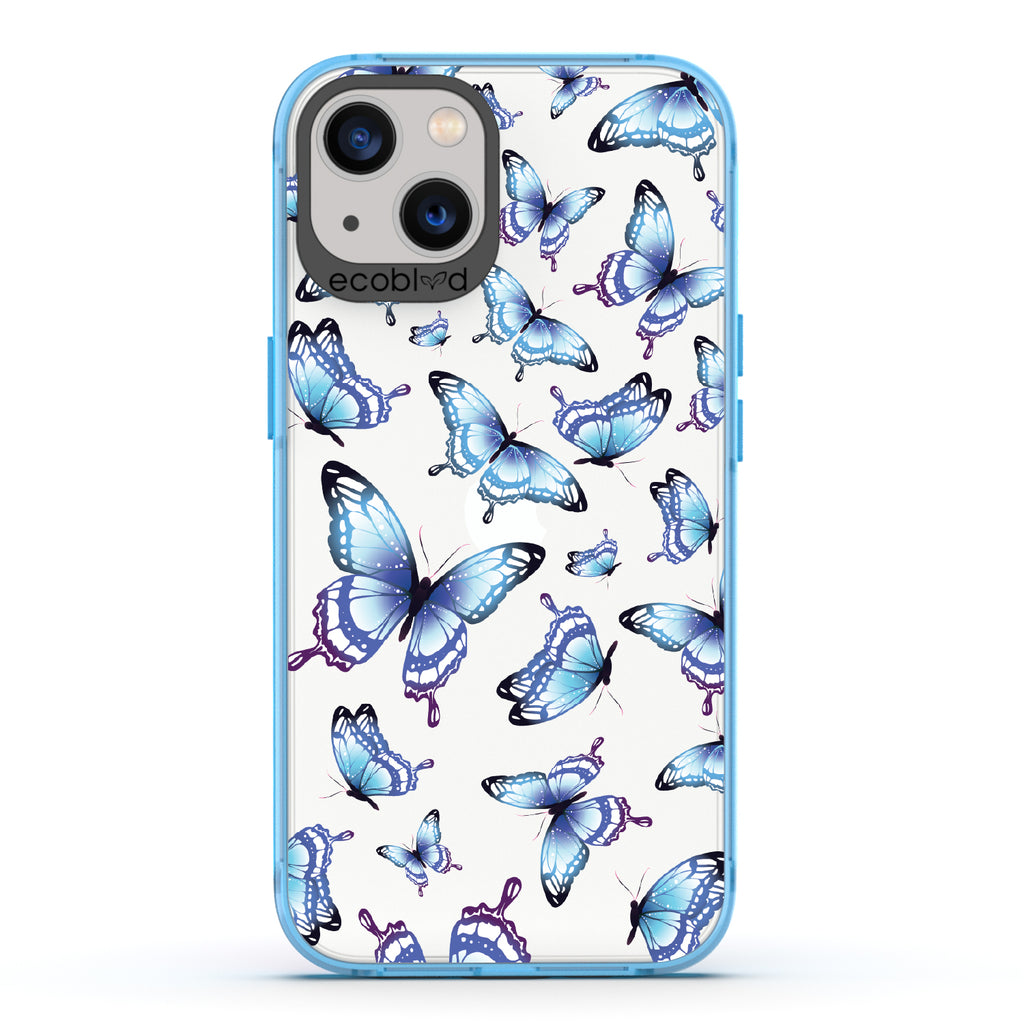 Social Butterfly - Blue Eco-Friendly iPhone 13 Case With Blue Butterflies On A Clear Back - Compostable