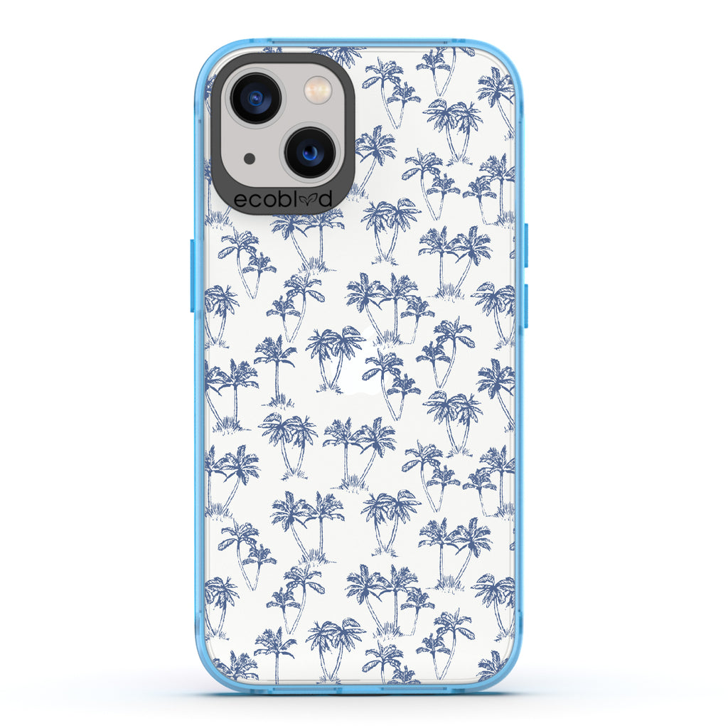 Endless Summer - Blue Eco-Friendly iPhone 13 Case With 50's-Style Blue Palm Trees Print On A Clear Back