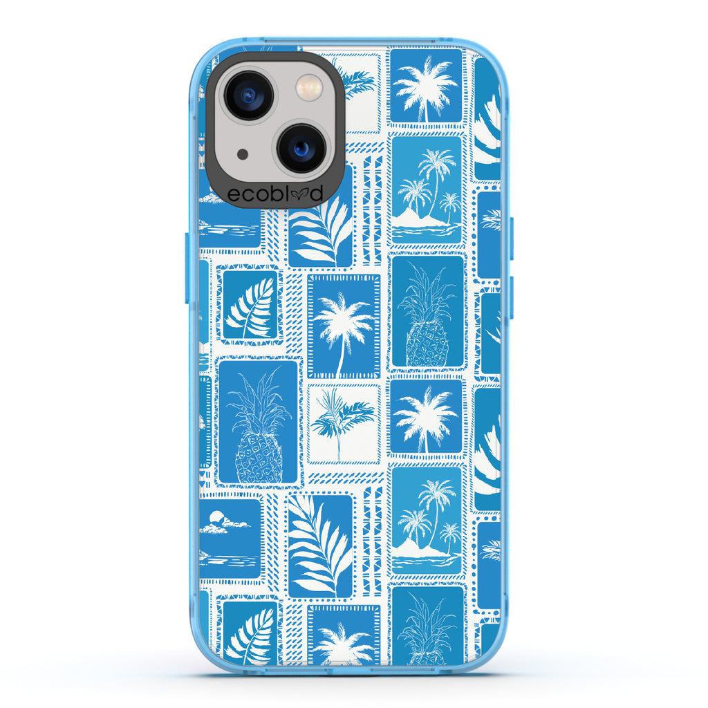 Oasis - Blue Eco-Friendly iPhone 13 Case With Tropical Shirt Palm Trees & Pineapple Print On A Clear Back