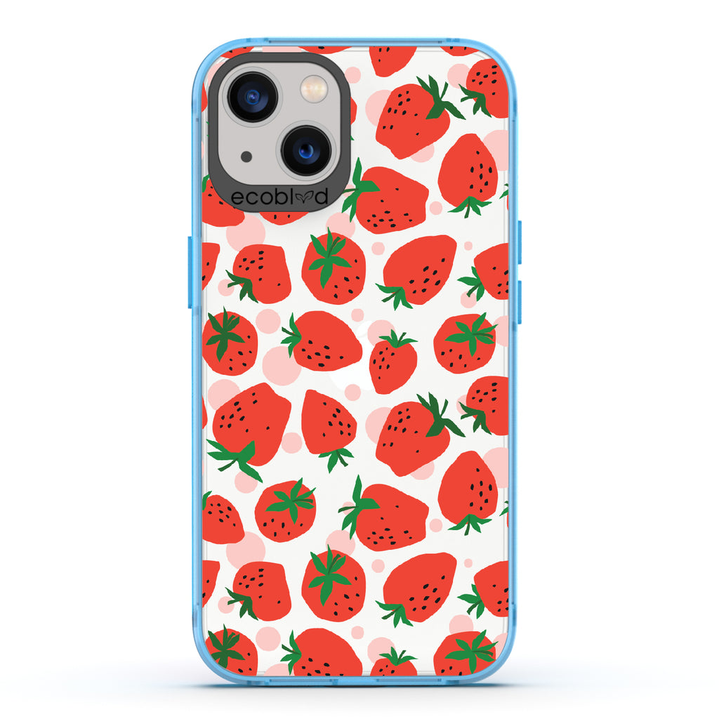Strawberry Fields - Blue Eco-Friendly iPhone 13 Case With Strawberries On A Clear Back