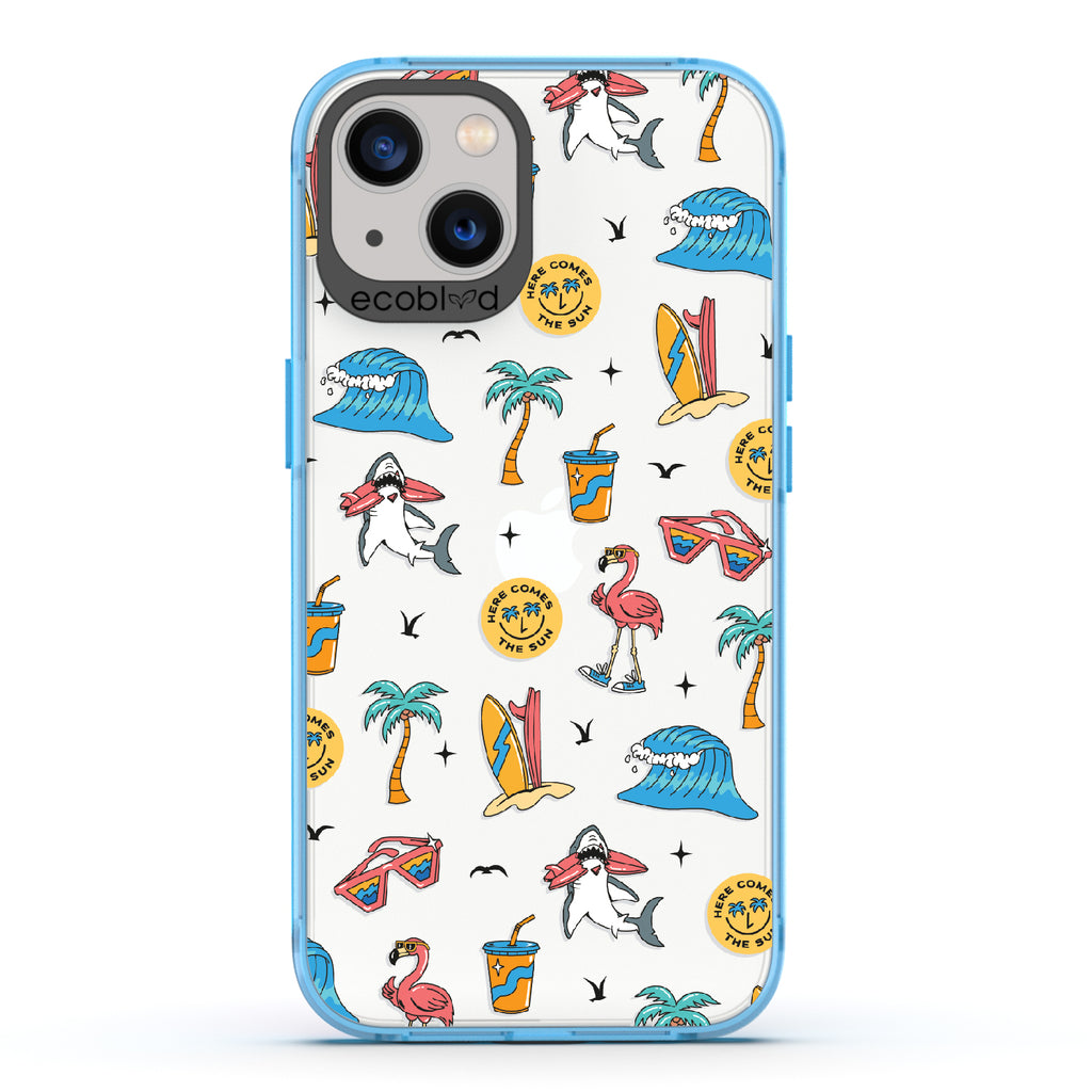 Here Comes The Sun - Blue Eco-Friendly iPhone 13 Case: Sunglasses, Surfboard, Waves & Beach Theme On A Clear Back