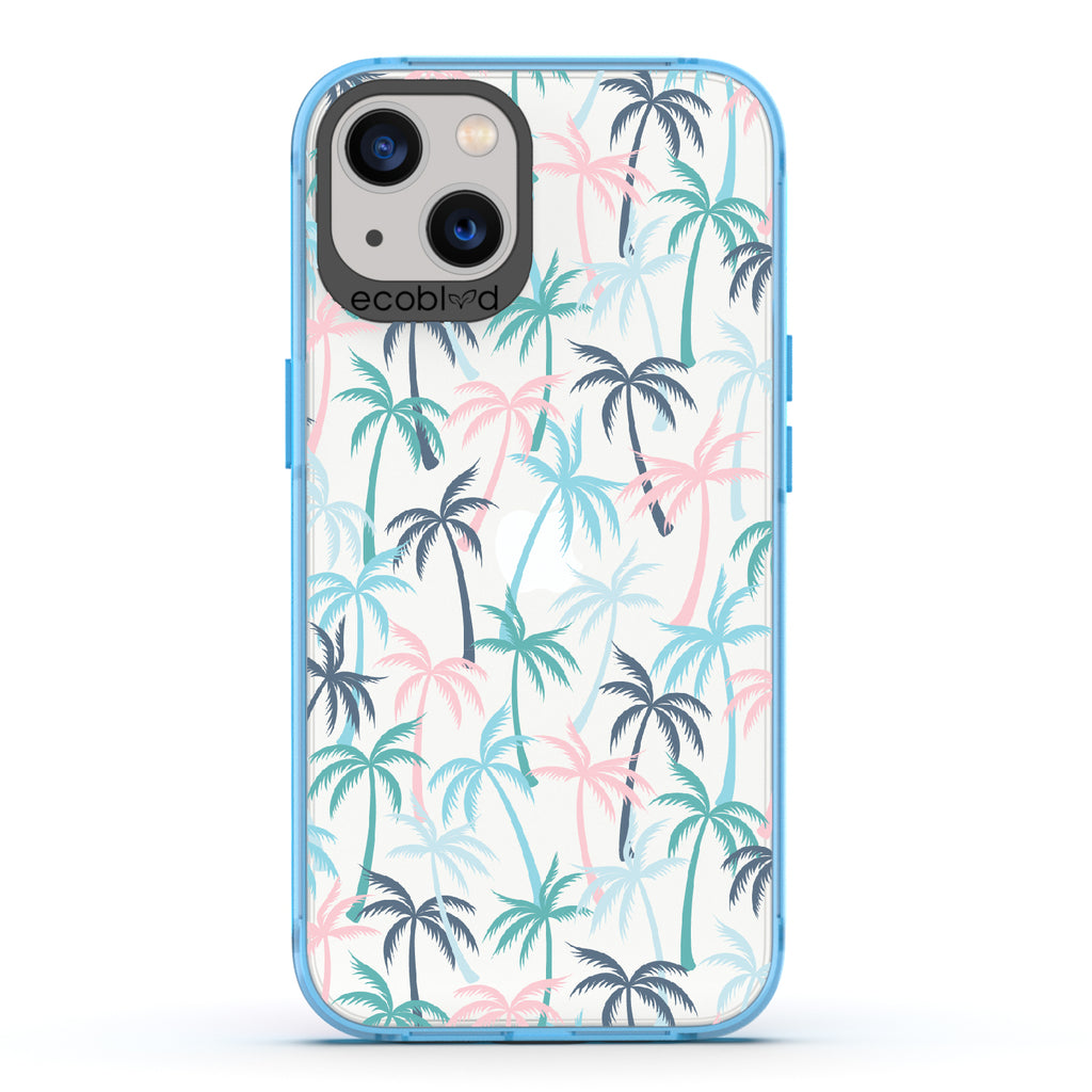 Cruel Summer - Blue Eco-Friendly iPhone 13 Case With Hotline Miami Colored Tropical Palm Trees On A Clear Back