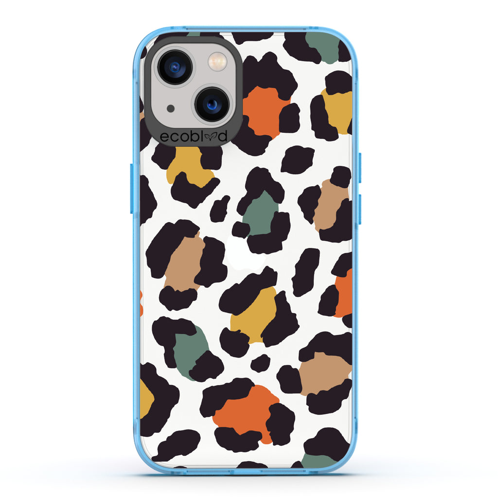  Cheetahlicious - Blue Eco-Friendly iPhone 13 Case With Multi-Colored Cheetah Print On A Clear Back