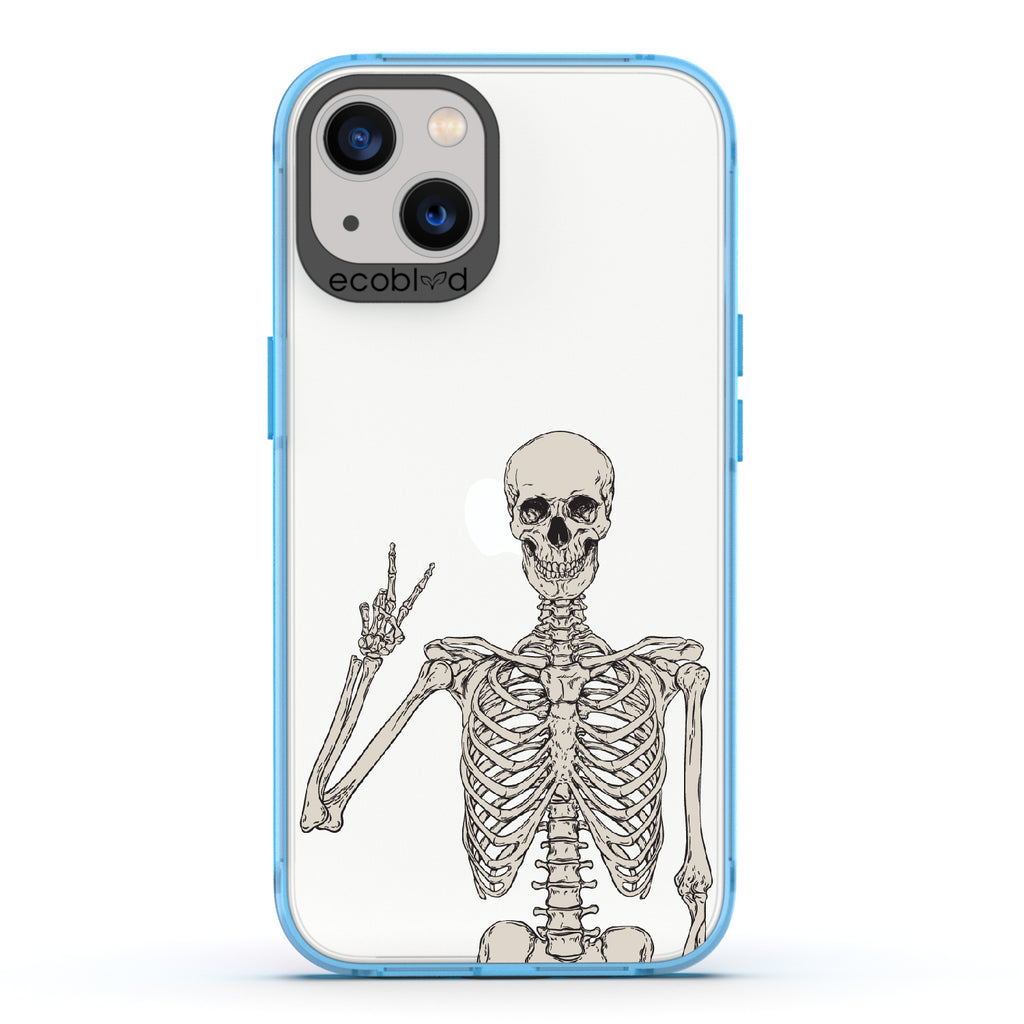 Creepin' It Real - Blue Eco-Friendly iPhone 13 Case With Skeleton Giving A Peace Sign On A Clear Back