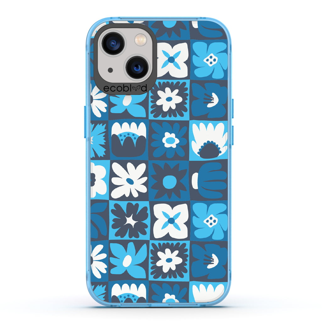 Paradise Blooms - Blue Eco-Friendly iPhone 13 Case With Tropical Floral Checker Print On A Clear Back