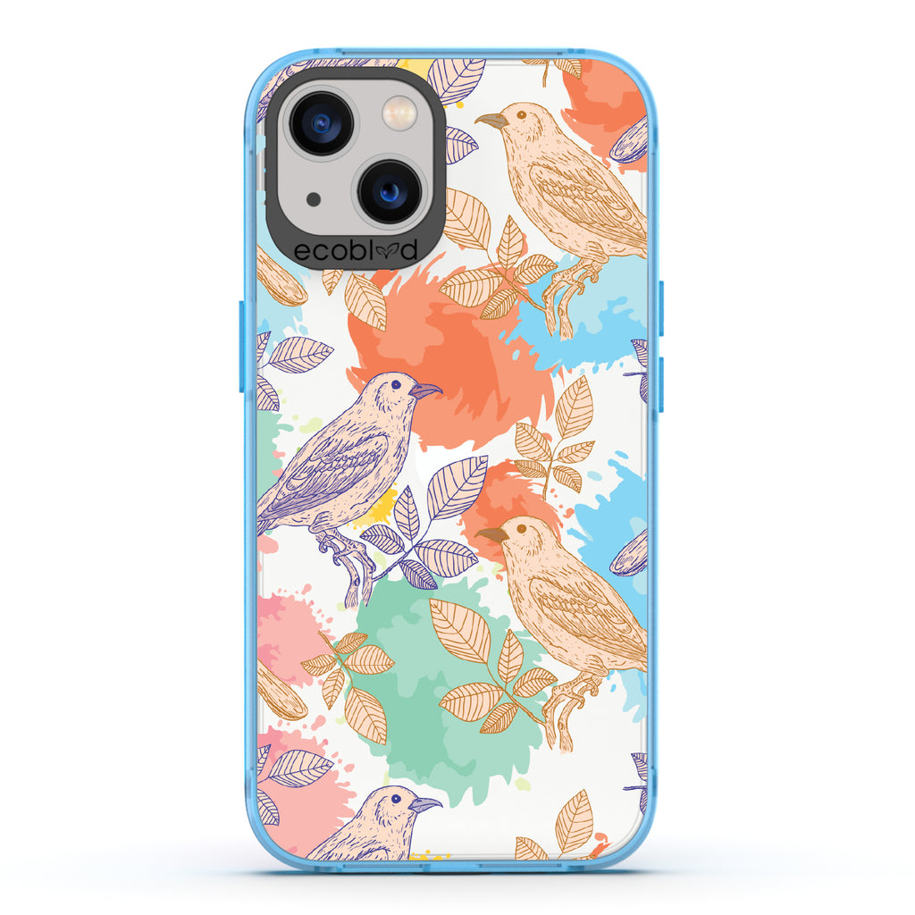 Perch Perfect - Blue Eco-Friendly iPhone 13 Case With Birds On Branches & Splashes Of Color On A Clear Back