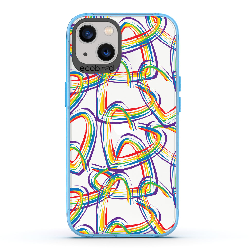 One Love - Blue Eco-Friendly iPhone 13 Case With Brush Stroke Rainbow Hearts On A Clear Back