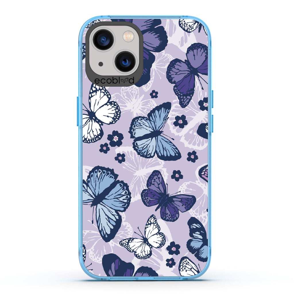 Deja Vu - Blue Eco-Friendly iPhone 13 Case With Blue, White, Purple Butterflies & Flowers On A Purple / Clear Back